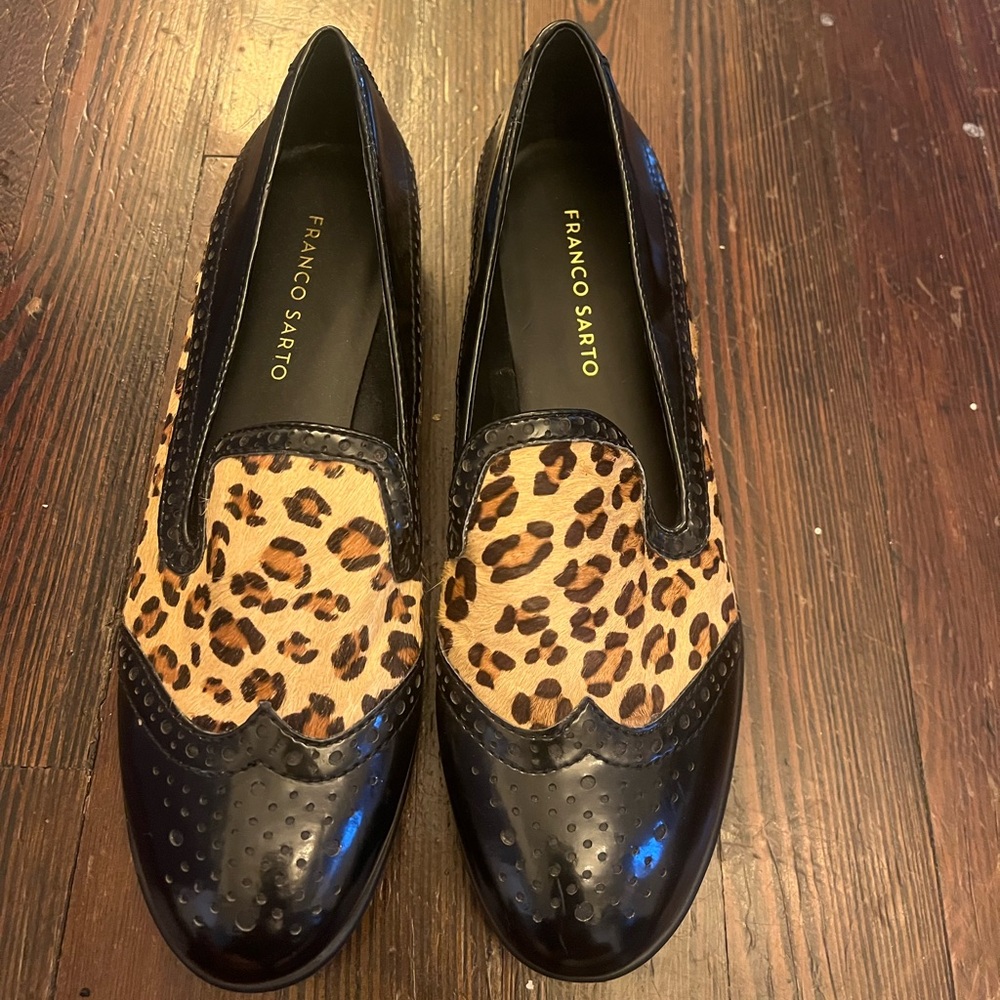 Franco Sarto Black and Brown Leopard Print Women's Loafers